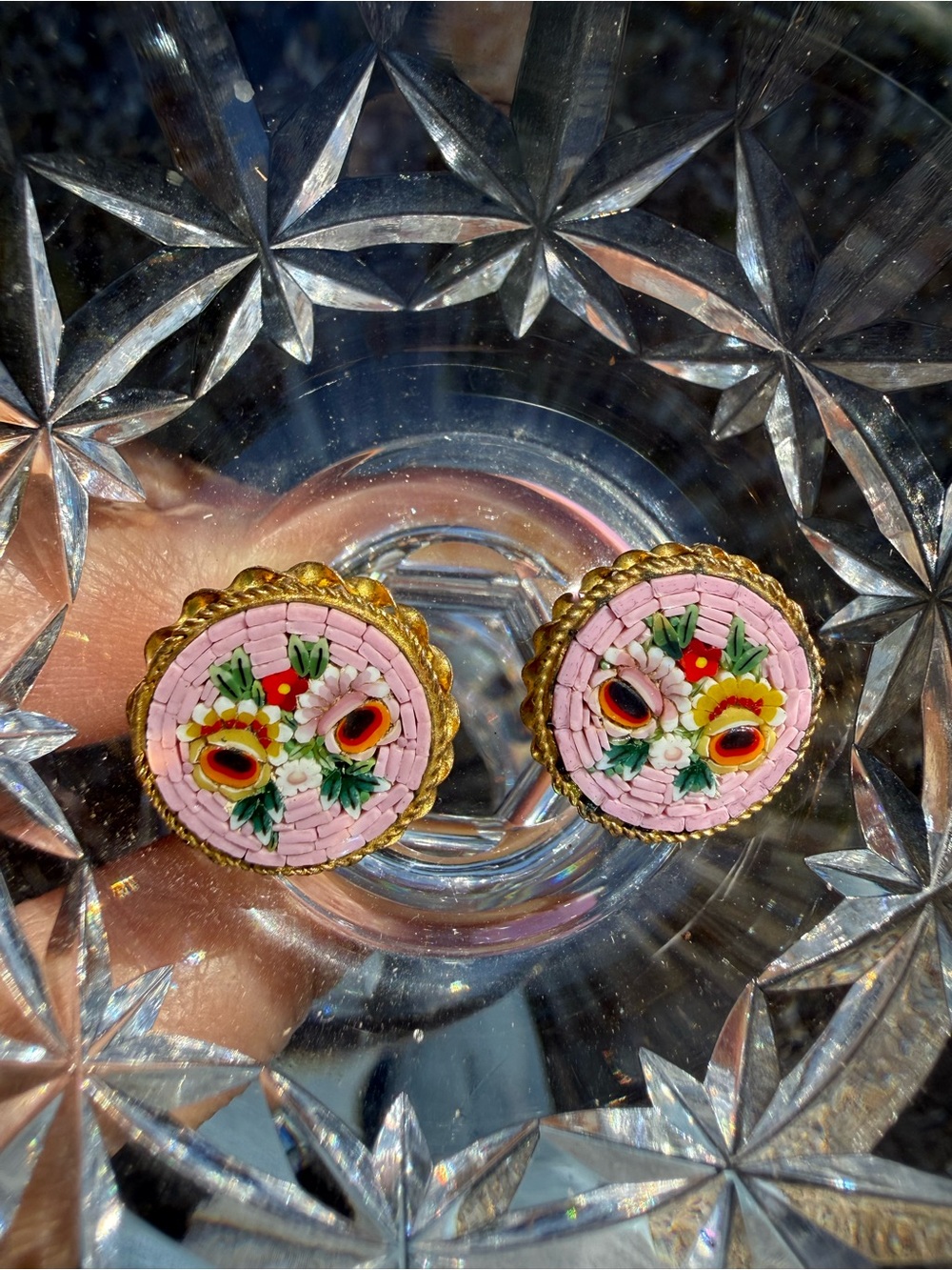 Vintage Italian Micromosaic Floral Earrings 14 Karat Gold Plated